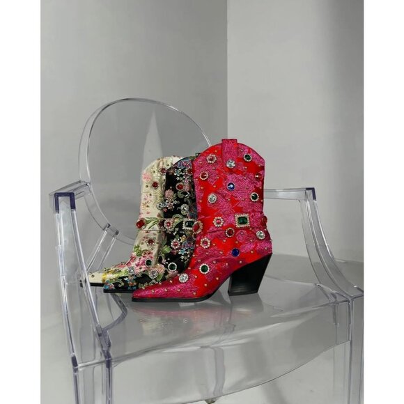 Baby Pink Multi Western Cowboy Boots Women Embroidered Rhinestone Mid Calf Heel - Picture 4 of 7